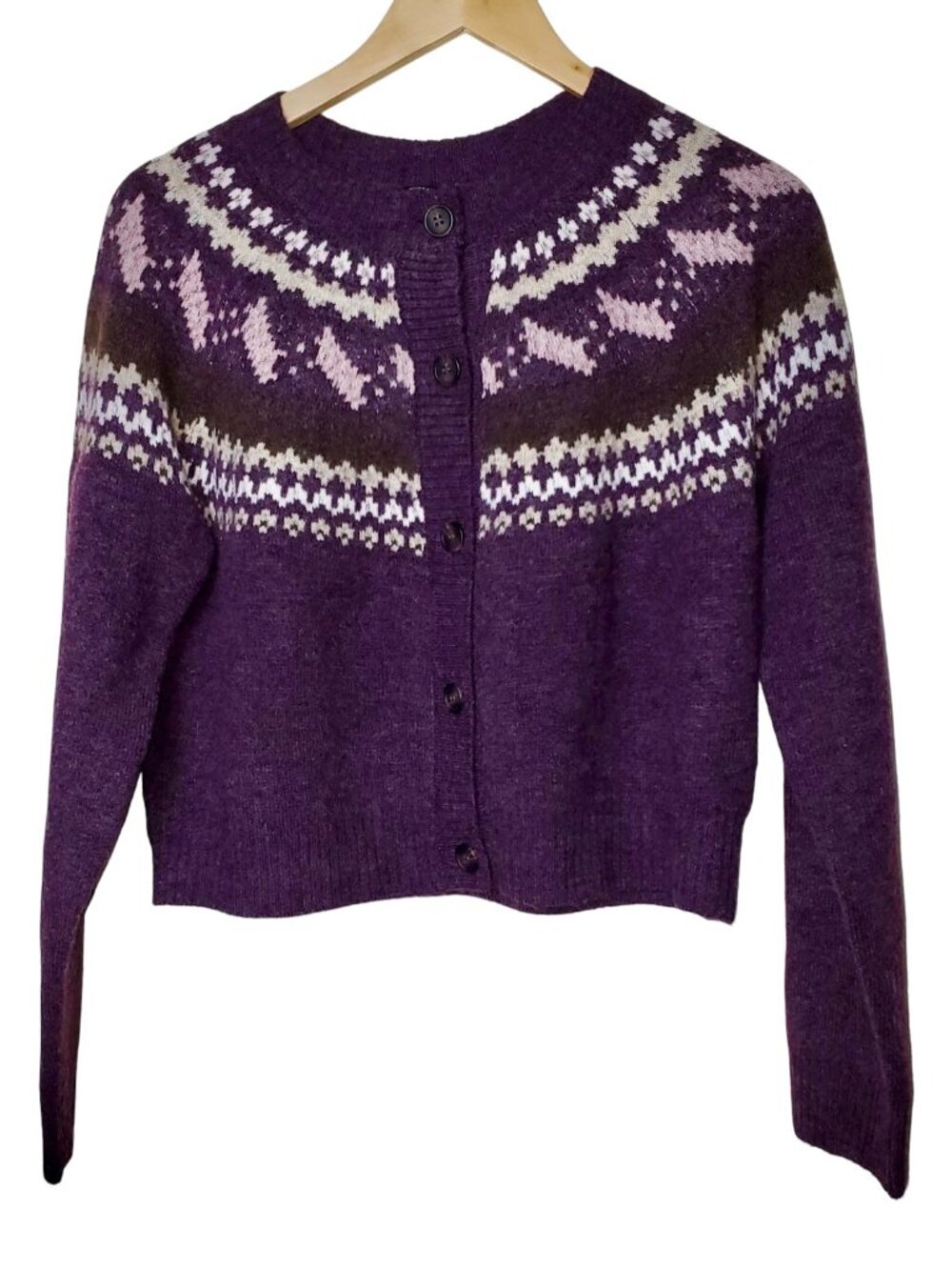 Buffalo David Bitton Women's Purple Fair Isle Button Up Crop Cardigan, Size M